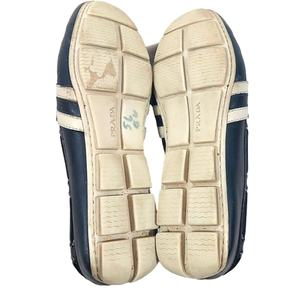 Prada Men's Navy/White Stripe Detail Penny Loafer Moccasin Shoes - Picture 11 of 13